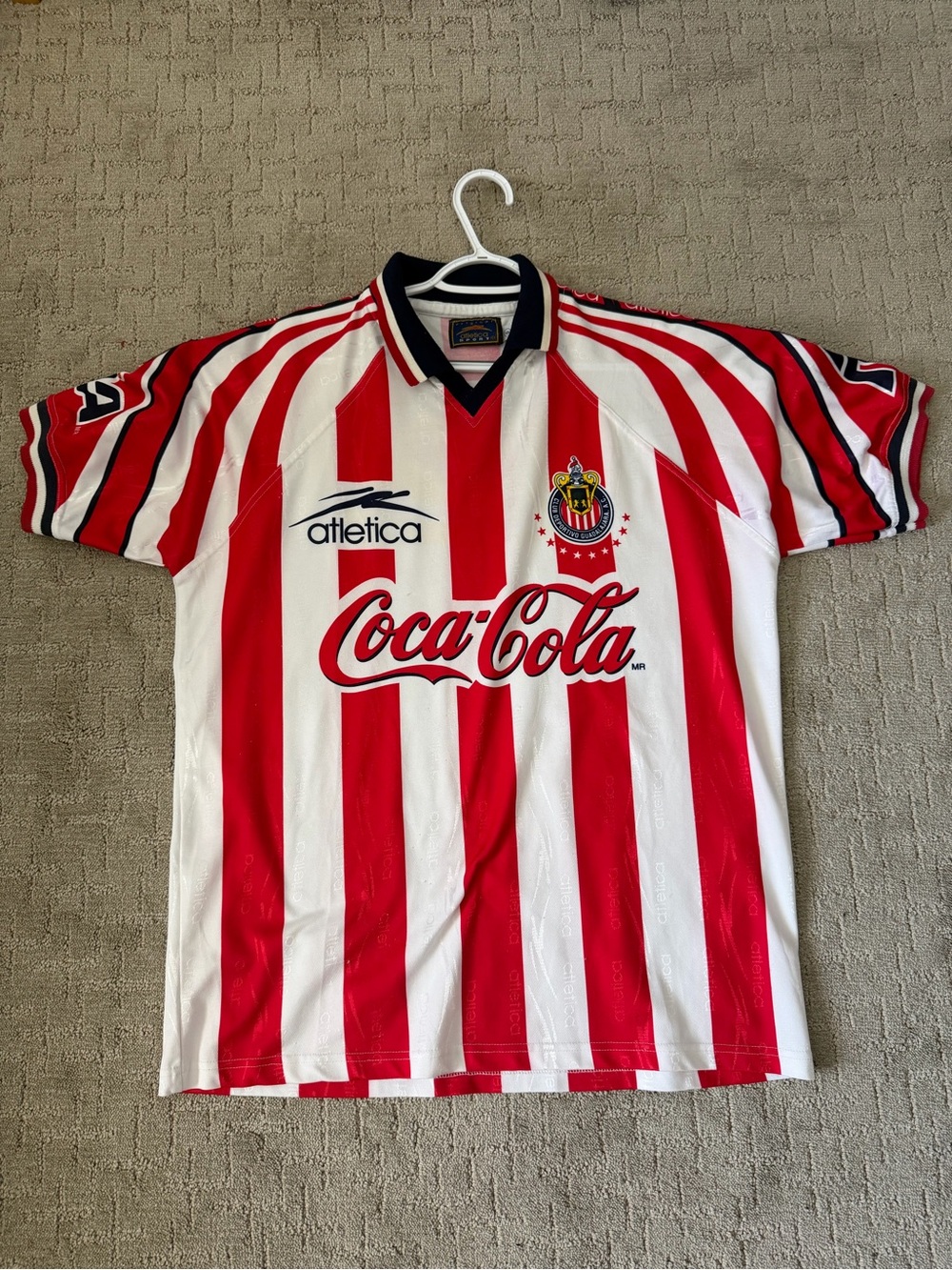 Vintage Chivas Red & White Striped Soccer Jersey with Coca-Cola Sponsor